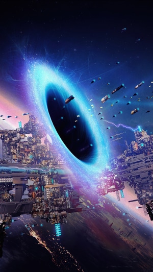 Sci-fi city near a blue wormhole with spaceships