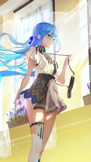Anime girl with blue hair holding a purse