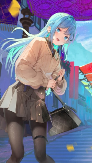 Anime girl with blue hair in a city