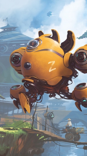 Yellow robot with letter Z in scifi artwork