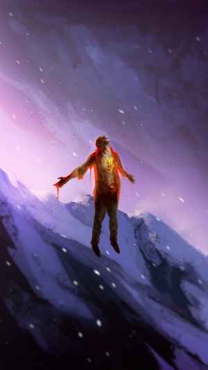 Man levitating with glowing symbol on chest