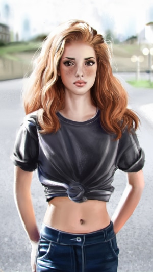 Redhead girl in a black t-shirt and jeans