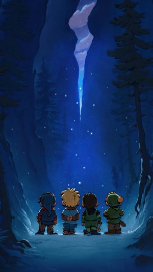 Four children looking at a glowing ice formation in a forest