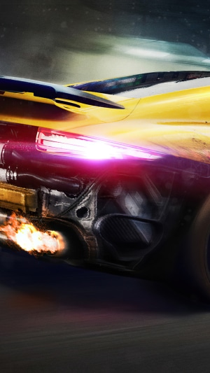 Yellow Porsche 911 with flames and light