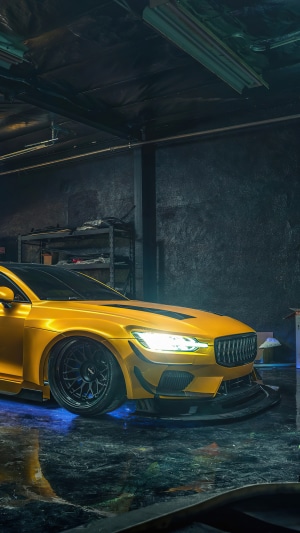 Yellow custom Volvo Polestar 1 in garage
