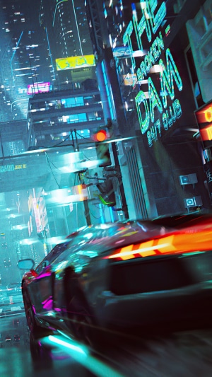 Cyberpunk city street with a sports car at night