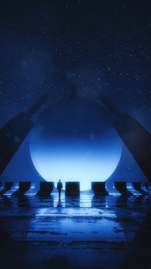Man walking towards a giant blue sphere under starry sky