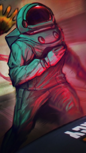 Among Us character in teal suit with red lighting