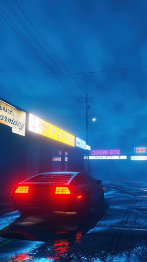 Delorean driving on a wet street at night