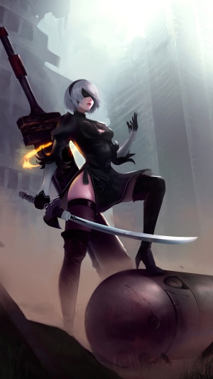 2B from Nier Automata with a sword and hammer