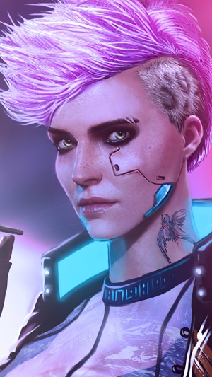Cyberpunk 2077 character with purple hair and cybernetics