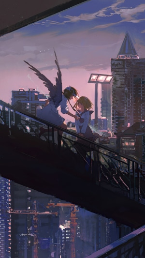 Anime artwork of two girls on a staircase