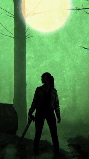 Woman with sword in green forest under moon