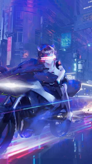 Cyberpunk girl on a motorcycle in a neon city