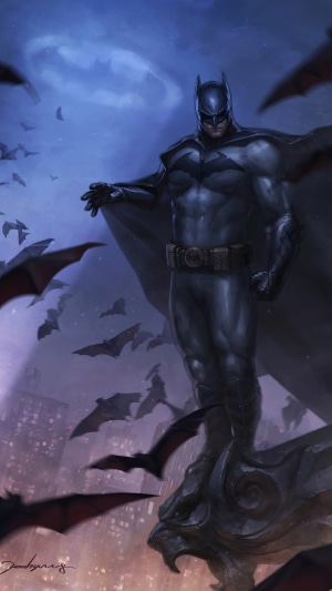 Batman surrounded by bats in Gotham City