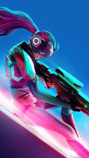 Character from Hyper Scape holding a futuristic weapon