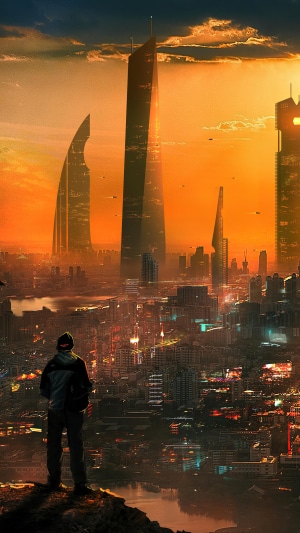 Sci-fi cityscape at sunset with a lone figure