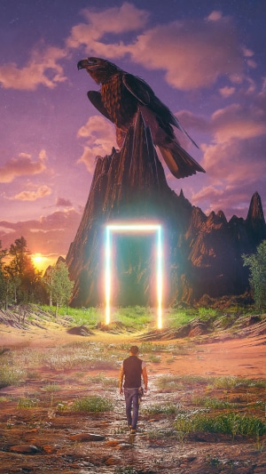 Eagle perched on mountain with glowing portal and man
