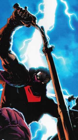 Red Hood holding a weapon with lightning in the background