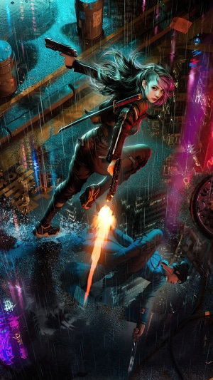 Warrior with guns and sword in a rainy cyberpunk city