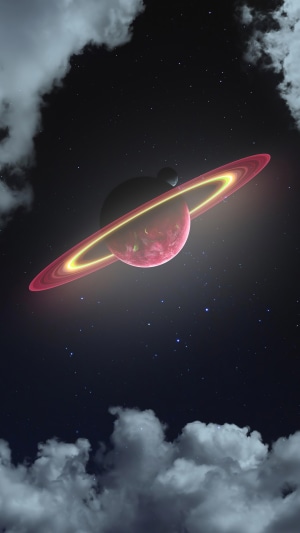 Planet with rings in digital universe 4K