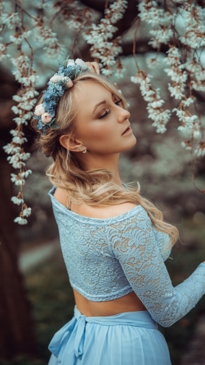 Blonde woman with flower crown in blue dress