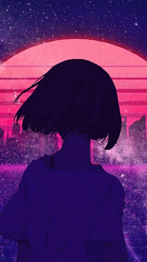Anime girl in synthwave city skyline
