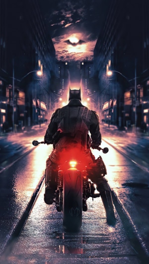 Batman on a Motorcycle in a City