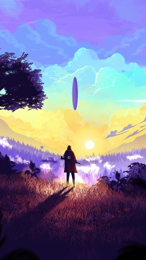 Man in cloak facing alien object at sunset