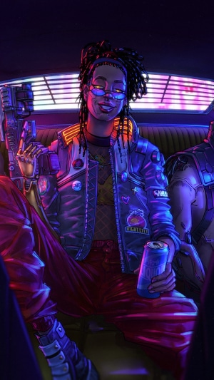 Woman with gun and drink in car, Cyberpunk 2077