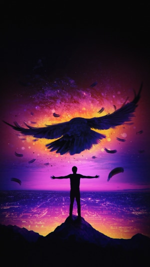 Man on mountain with bird and galaxy