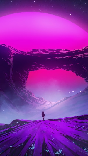 Synthwave landscape with a lone figure