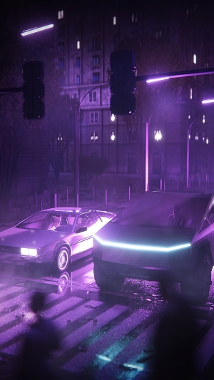 Tesla Cybertruck and DeLorean in Synthwave City