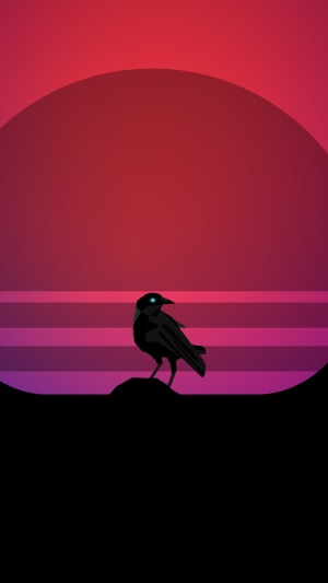 Minimalist artwork of a crow against a synthwave sunset