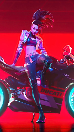 Akali from League of Legends on a Ducati motorcycle