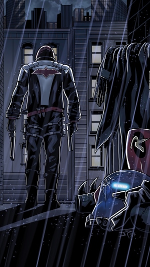 Red Hood and Batman's cowl in the rain