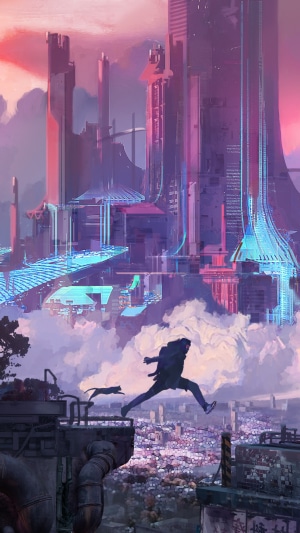 Digital art of a futuristic city with a person jumping