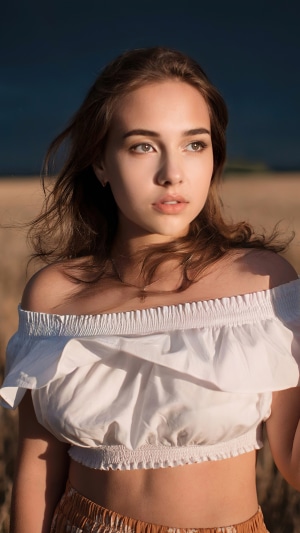 Alina Sabirova in a white off-the-shoulder top in a field