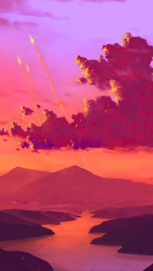 Digital art of a sunset with rockets