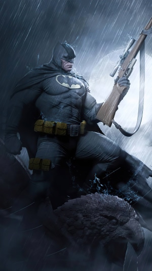 Batman with a sniper rifle in the rain