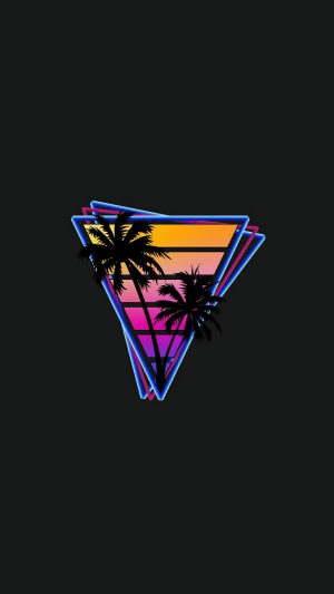 Retrowave triangle with palm trees and sunset