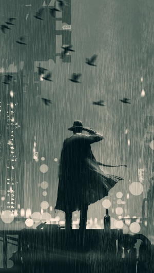 Man in Trench Coat Standing in Rain with Birds and Cityscape