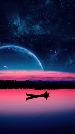 Digital art of a boat on a lake with a planet in the sky