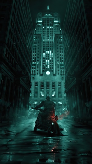 The Batman on a motorcycle in a city