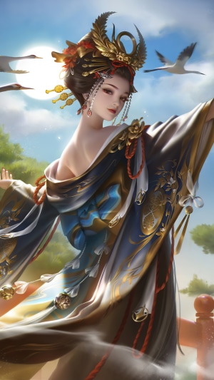 Artwork of a queen in traditional Japanese attire with cranes