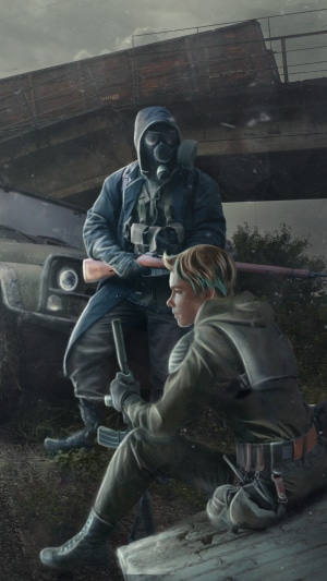 Two Stalkers with guns in a post-apocalyptic setting
