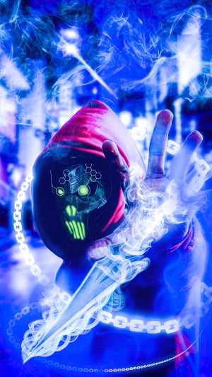 Cyberpunk character with glowing skull mask and sword