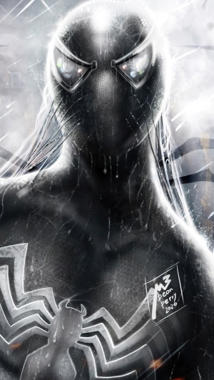 Spider-Man in black suit with white spider symbol