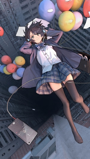 Anime girl with headphones and balloons floating