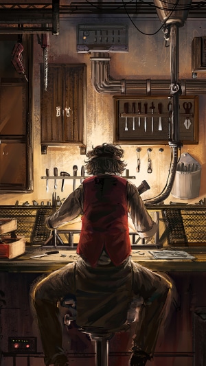 Steampunk artist working in a workshop